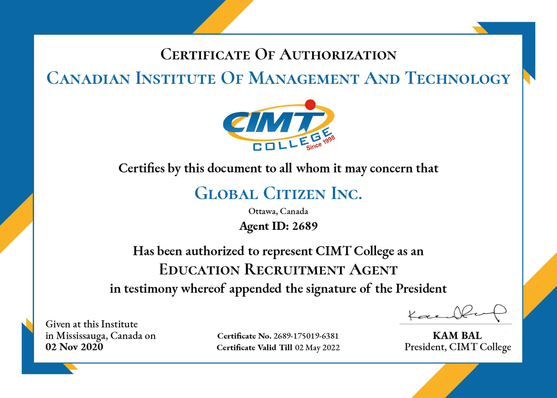 Agent Certificate CIMT College