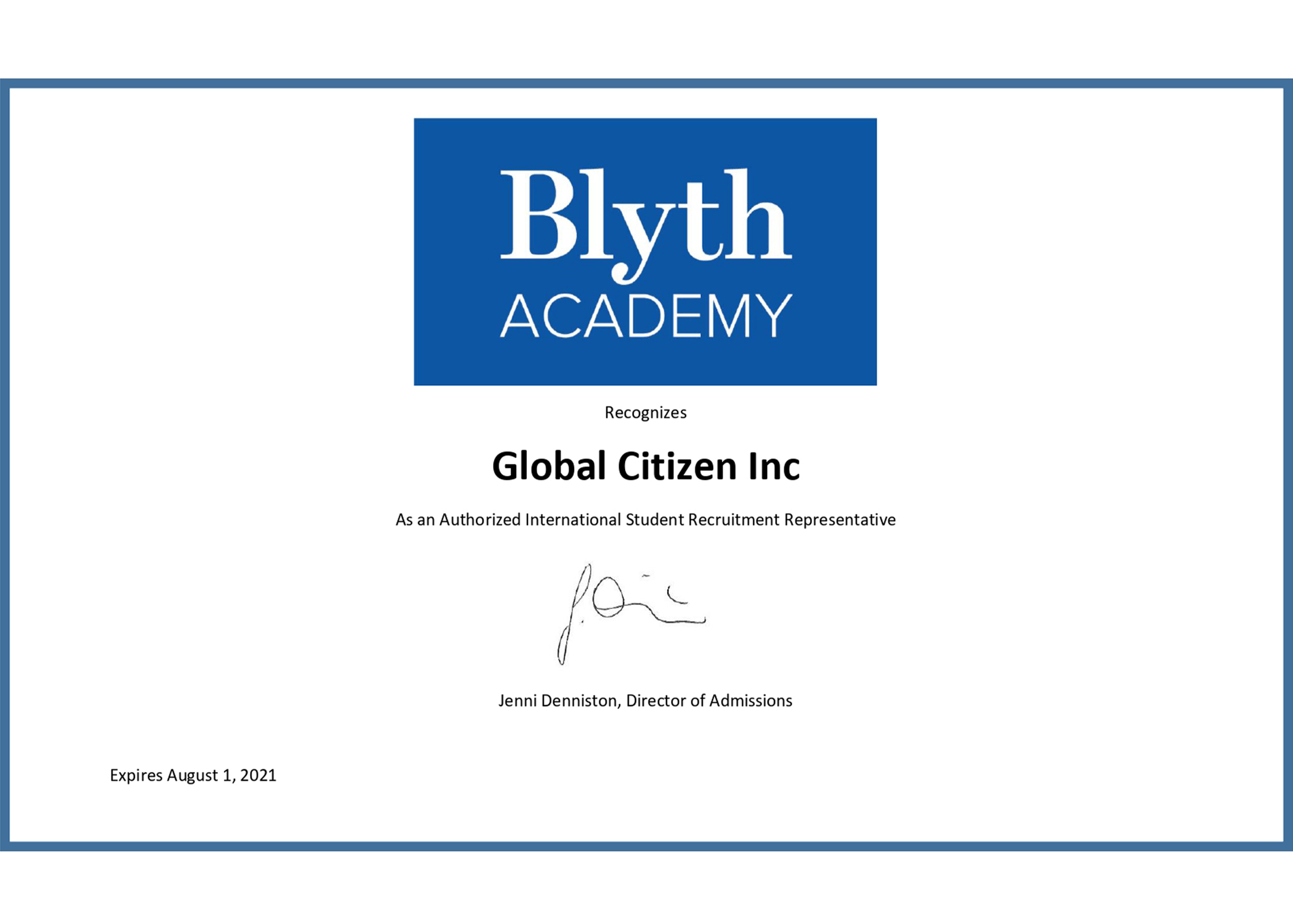 Global Citizen Blyth Certificate